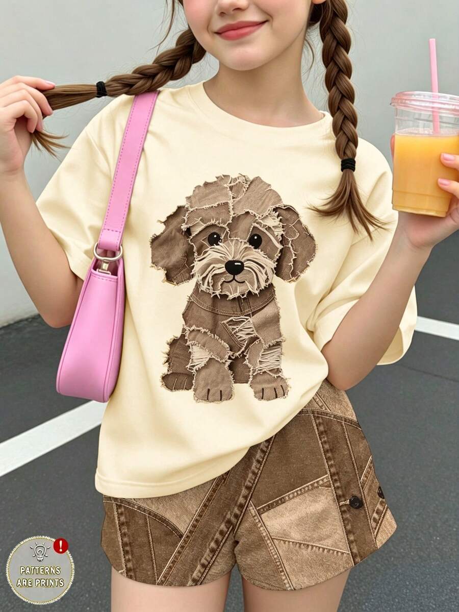 青少年女孩休閒簡約可愛個性化紋理小狗印花短袖上衣與短褲兩件套，適合夏季，小狗圖案，圖形，日系可愛，女孩套裝，復古，開學季，海軍藍 - 彩色 - 查看 1
