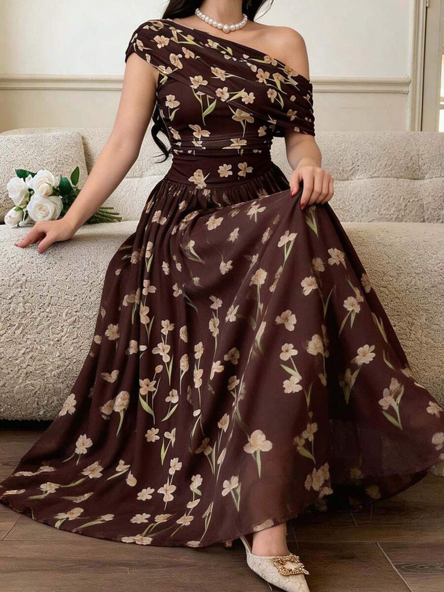Feyla Plus Size Women's Floral Print Asymmetrical Shoulder Elegant Dress - Multicolor - View 1