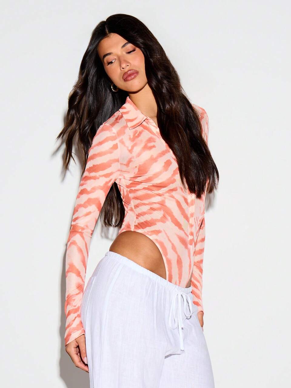 KIZN Tiger Print Mesh Bodysuit With Collared Neckline