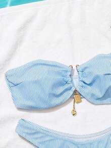Swim Mod 2件組女款海灘套裝，時尚可愛度假海灘泳池派對優雅波點印花金屬鏈式無肩帶可拆式肩帶平口上衣 & 性感比基尼下裝套裝 - 彩色 - 查看 5