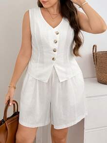Zelara Plus Size Women's Solid Color Single-Breasted Top And Shorts Casual Smart Casual Daily 2-Piece Set Vacation White Summer - White - View 7