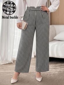 Modelyn Plus Size Women's High Waist Metal Button Design Houndstooth Wide Leg Pants Fall - Black and White - View 4