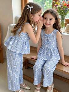 SHEIN Elladie kids 女童碎花两件套，棕色蝴蝶结装饰无袖上衣+配套阔腿裤，甜美可爱休闲装，夏季 - 藍色 - 查看 3
