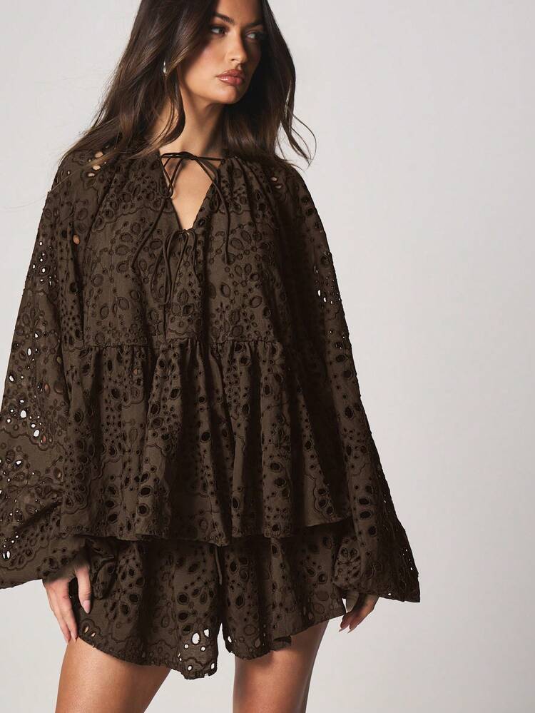 MISSGUIDED Broderie Anglaise Lace Up Two Piece Coordinating Set With Balloon Sleeves And Eyelet Cutout Details For Summer
