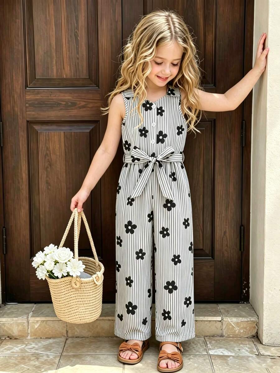 SHEIN Genkimix Kids 女童度假休閒百搭萬能翻領前扣式附腰帶舒適柔軟皺褶面料牛仔風連身長褲,適合秋季、野餐、出遊、姐妹裝、日常穿著 - 黑與白 - 查看 1
