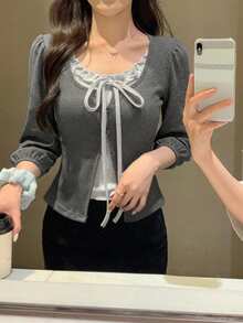 DAZY 女款夏季 2 合 1 荷葉邊蝴蝶結短袖 T 恤 - 灰色 - 查看 5