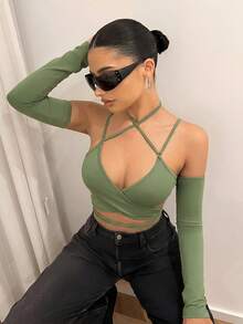SHEIN ICON 女款素色裹身式交叉綁帶可拆卸袖休閒日常上衣 - 軍綠色 - 查看 6