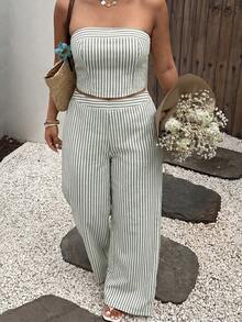 Sunnyshic Conjunto casual de dos piezas para mujer talla grande con top bandeau a rayas y pantalones de pierna ancha - Verde - Ver 3