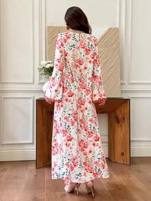 Al Najma V領蕾絲拼接橘色花卉印花阿拉伯風洋裝 - 彩色 - 查看 9