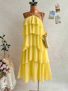 Soleia Nouvelle robe longue élégante et romantique pour invitée de mariage, couleur unie, dos nu, volants multicouches en mousseline, bohème, boho, floral romantique, vacances, fête florale, rendez-vous, Saint-Valentin, Pâques, carnaval, thé de l'après-midi, plage, croisière, vacances, rue de la ville, vacances - Jaune citron - Voir 4