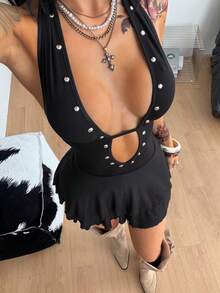 Coolane 女士春夏演唱会街头风Y2K休闲约会性感弹力抹胸露背深V领迷你连衣裙 - 黑色 - 查看 2
