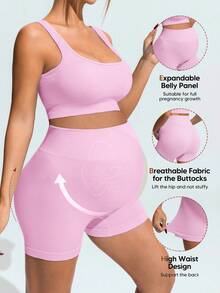 SHEIN Maternity Summer Solid Color Elastic Breathable Sports Bra And Shorts,Word Cup - Pink - View 1
