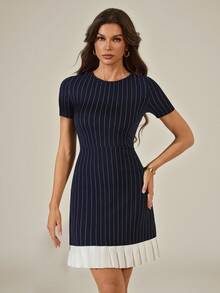 SHEIN Tall 2026 Spring/Summer Vacation Collection: New Blue Striped Round Neck Pleated Patchwork Mini Dress. This Sexy Dress Is Perfect For Wearing At Home - Blue - View 7