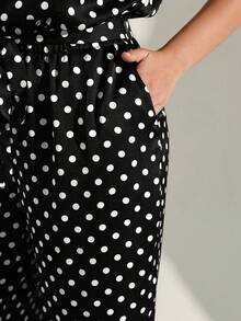 Chikora Plus Size Polka Dot Short Sleeve Jumpsuit, Elegant Women's Jumpsuit, Women's Commuter Outfit, Women's Office Jumpsuit, Women's Office Attire - Black and White - View 8