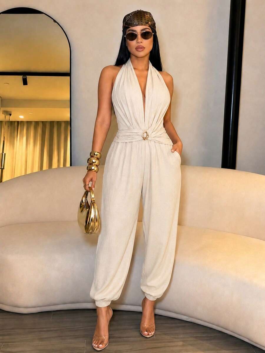 SOLERSUN 女款優雅性感深V領收腰錐形腿連身褲，配扣飾細節掛脖露背哈倫式設計，側邊口袋，時尚露背沙灘連身褲，女款性感掛脖深V領露背錐形腿腰扣連身褲，度假島嶼與派對專用性感一件式夜店裝