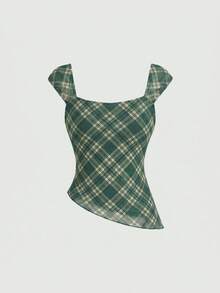SHEIN MOD Top de tirantes para mujer con decoración de lazo de cinta, dobladillo asimétrico y cuello cuadrado - Verde - Ver 3