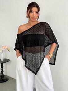 Firerie 女款優雅休閒度假婚禮夏威夷波點不對稱領口針織上衣 - 黑色 - 查看 5