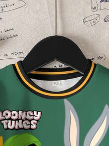 LOONEY TUNES X SHEIN 男童休闲拼色卡通图案圆领保暖卫衣，秋季 - 白色 - 查看 3