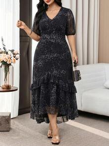 Modelyn Plus Size Women's Elegant Leopard Print V-Neck Ruffle Hem Waist Cinched Dress, Summer - Grey - View 1