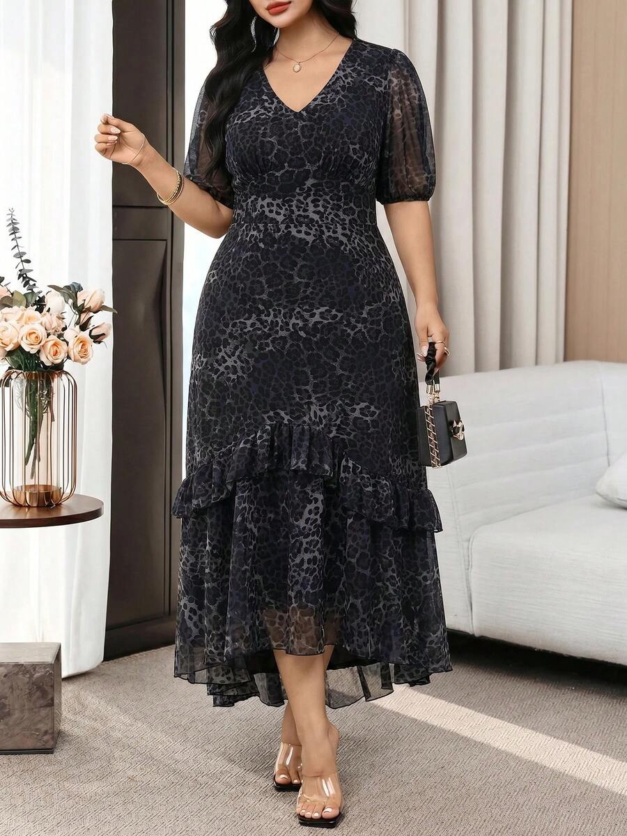 Modelyn Plus Size Women's Elegant Leopard Print V-Neck Ruffle Hem Waist Cinched Dress, Summer - Grey - View 1