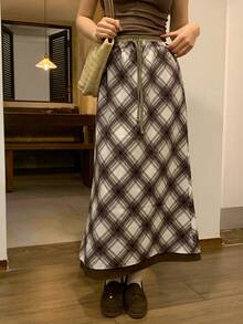 DAZY Women's Plaid Drawstring Waist Casual Versatile Daily Outing Skirt Fall - Coffee Brown - View 5