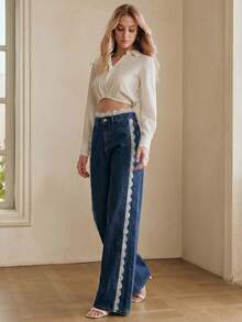 Anewsta Washed Blue Lace Trim Patchwork Straight Leg Jeans - Navy Blue - View 3