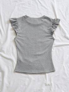 Soleia Camiseta de punto acanalado blanco con volantes WYWH Vacation - Gris - Ver 2