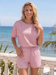 Sylviya Casual Tropical Women's Vacation Summer Pink And White Striped 3/4 Sleeve Commute Beach Holiday Outing Shorts 2 Pieces Outfits Fall Clothes - Multicolor - View 5