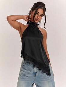 SHEIN BAE 女款休閒通勤小立領黑色緞面蕾絲拼接露背繫帶緞面上衣，適合海邊度假、休閒度假、日常穿著、姊妹通勤穿著、學校與工作穿著，黑色緞面上衣，黑色緞面蕾絲拼接上衣 - 黑色 - 查看 1