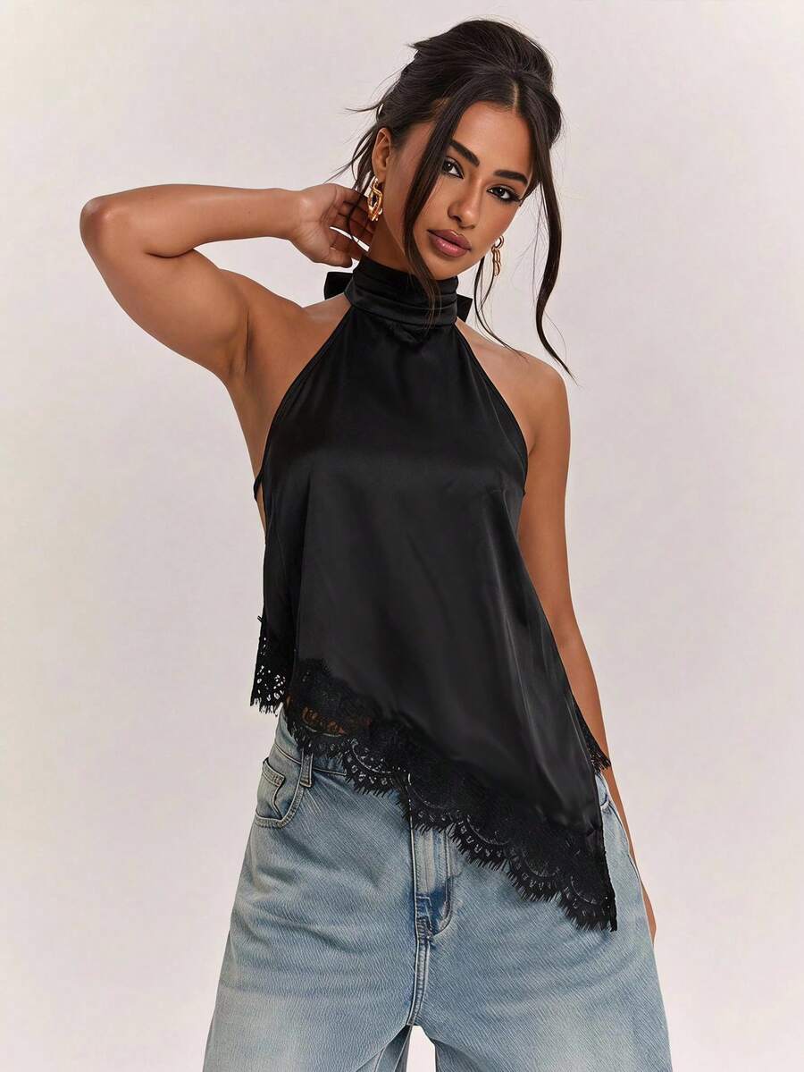 SHEIN BAE 女款休閒通勤小立領黑色緞面蕾絲拼接露背繫帶緞面上衣,適合海邊度假、休閒度假、日常穿著、姊妹通勤穿著、學校與工作穿著,黑色緞面上衣,黑色緞面蕾絲拼接上衣 - 黑色 - 查看 1