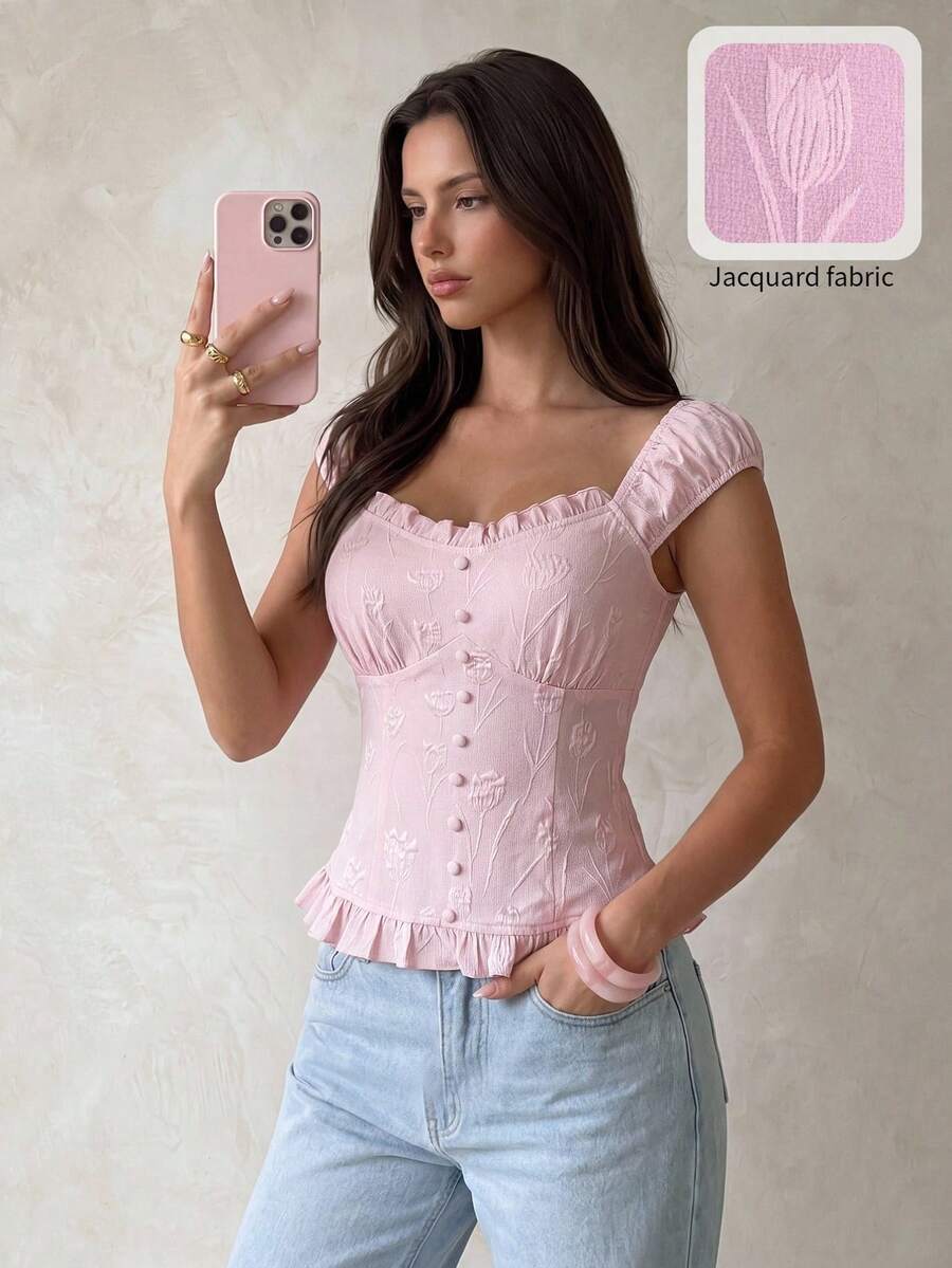 Modelyn 法式甜美修身荷葉邊泡泡袖上衣，粉紅色，適合女孩，度假、夏季茶會優雅穿搭