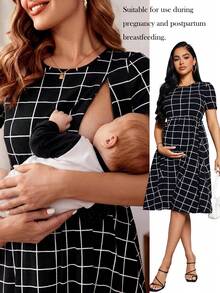 MaterniWear Maternity Grid Print Flare Hem Nursing Dress - Black and White - View 1