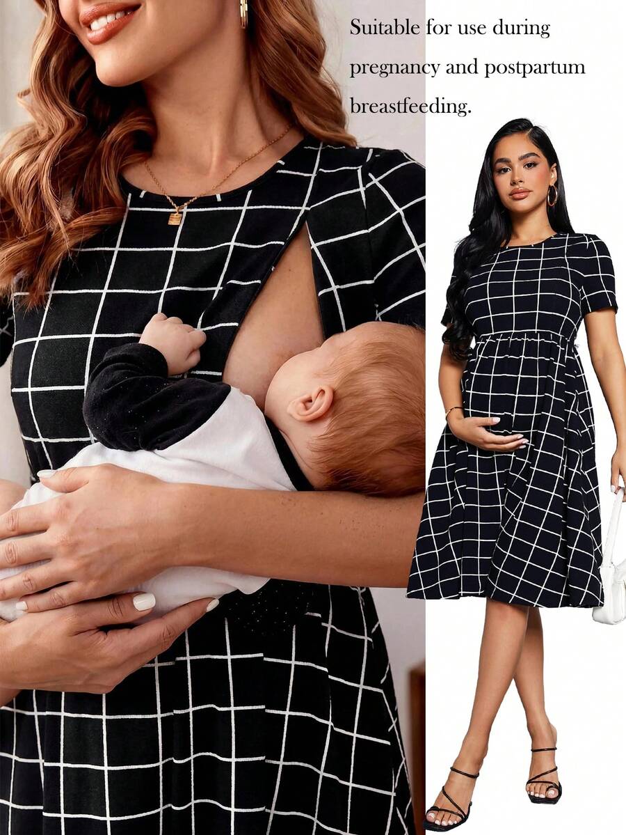 MaterniWear Maternity Grid Print Flare Hem Nursing Dress - Black and White - View 1