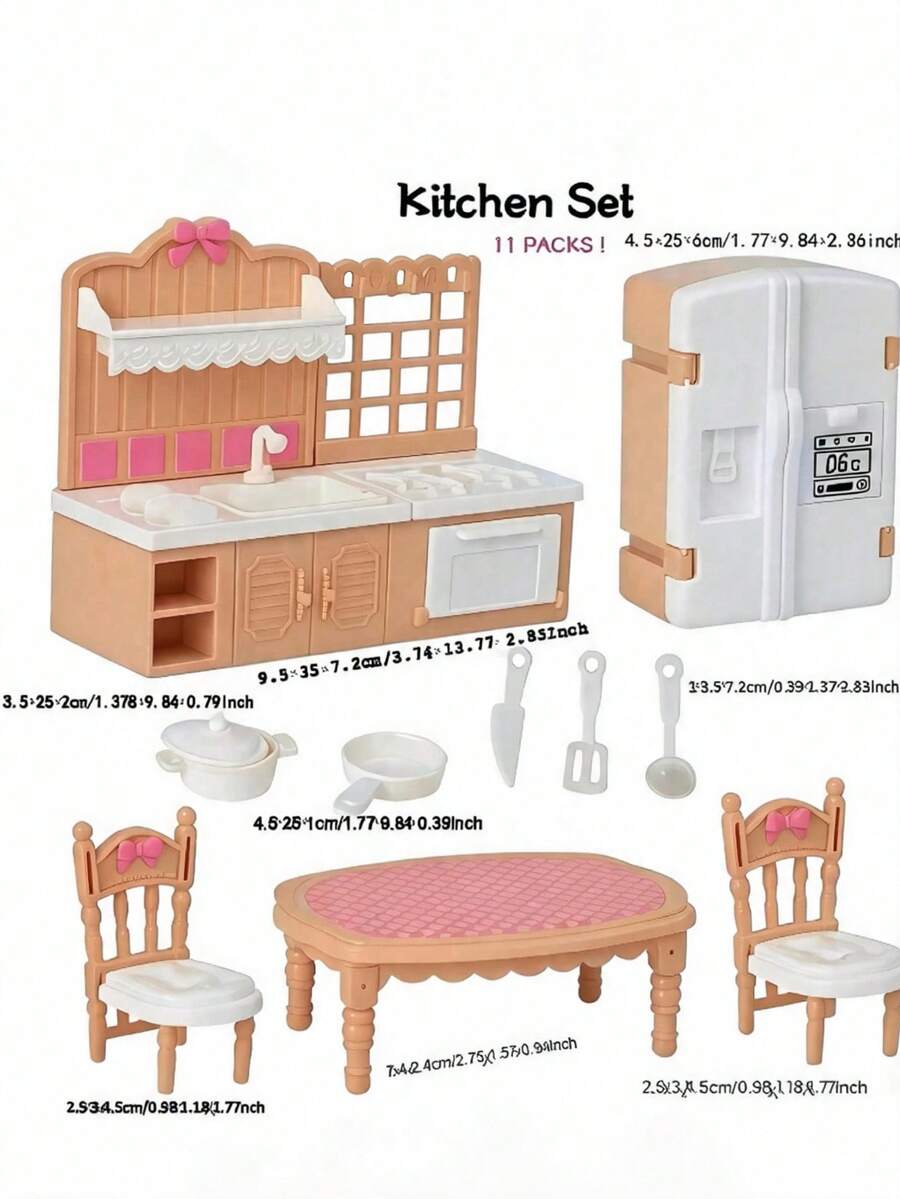 MINKOJA 娃娃屋家具套裝，迷你客廳、廚房、臥室與浴室玩具組，耐用塑膠玩具，適合 3-8 歲女孩，1:12 比例，家務扮演系列 - 棕色 - 查看 1