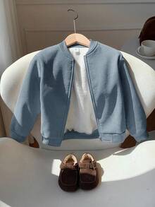 SHEIN 兒童小男孩燈芯絨加絨超大拉鍊夾克棉墊外套，適合通勤、上學、日常休閒、大學校園、外出與運動，秋冬款 - 霧霾藍 - 查看 3