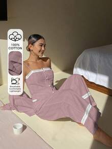 DAZY 3件組度假風女款睡衣套裝，含3D波點無袖背心、長袖開襟衫與直筒長褲 - 紫色 - 查看 5