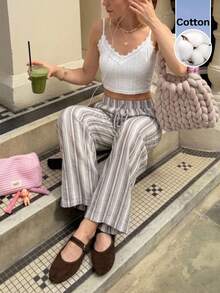 Serisse Women's Striped Casual Versatile Daily Outing Wide Leg Long Pants - Brown - View 3