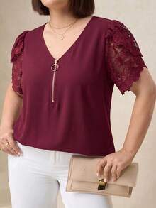 Chikora Plus Size Women's Elegant Zipper Half-Placket V-Neck Lace Patchwork Cuff Blouse - Burgundy - View 4