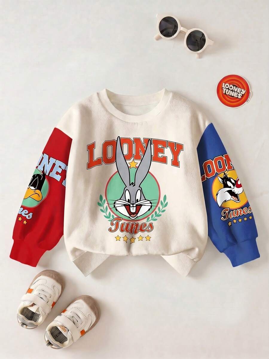 LOONEY TUNES X SHEIN Young Boy Casual Fashionable Street Cartoon Letter Graphic Contrast Color Dropped Shoulder Loose Pullover Sweatshirt - White - View 1