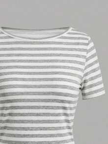 Tseoso 95%Cotton Women's Retro Gray/White Striped Short-Sleeve Tee - Summer Streetwear, Soft Girl - Multicolor - View 7