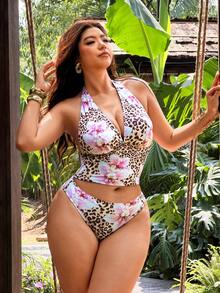 Swim Vcay 2026 New Summer Beach Vacation Women's Tropical Print Two Pieces Bikini Set, Casual Vacation Style, Summer Holiday Outfit, Floral Bikini, Plus Size Tank Style Bikini - Baby Pink - View 3