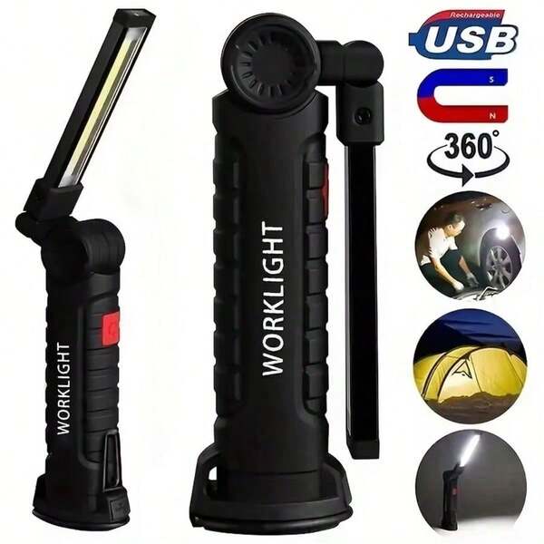 1 قطعة مصباح عمل قابل للشحن عبر USB قابل للدوران 360° - 5 أوضاع (ضوء أبيض/أحمر) مصباح LED قبة + شريط ضوء COB للإصلاح والقراءة والتخييم
