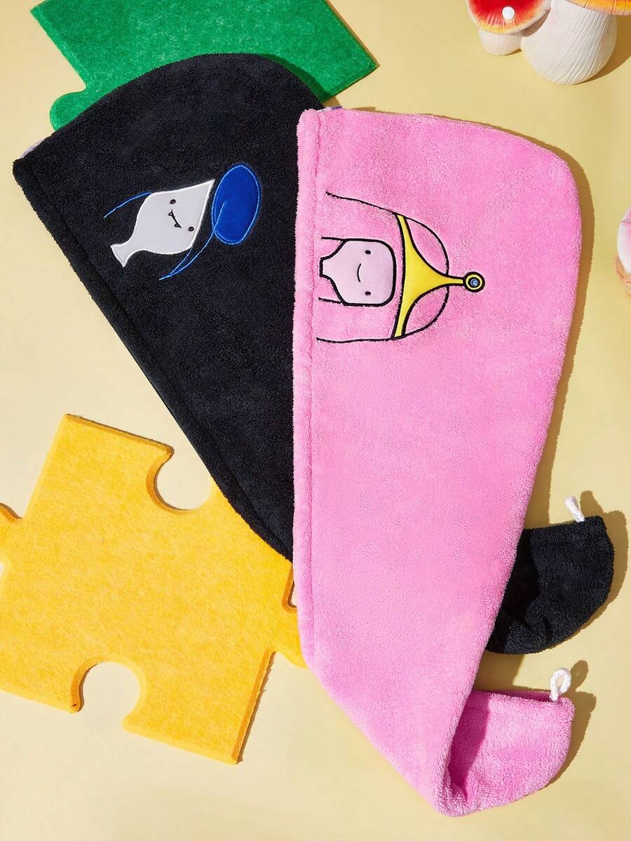 ADVENTURE TIME X SHEIN 1 قطعة قبعة تجفيف الشعر مطرزة برسومات كرتونية لطيفة، قبعة تجفيف الشعر فائقة الامتصاص، مناسبة لأنواع وكميات الشعر المختلفة، امتصاص الماء والتجفيف السهل - متعدد الألوان - مشاهدة 1