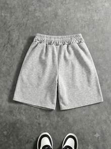 Coolqubz 1pc Teen Boy Cool Minimalist Printed Knit Wide Leg Pants, Innovative Double Waistband Design, Comfortable Fabric, Summer New Style, Suitable For Multiple Seasons And Occasions - Grey - View 2