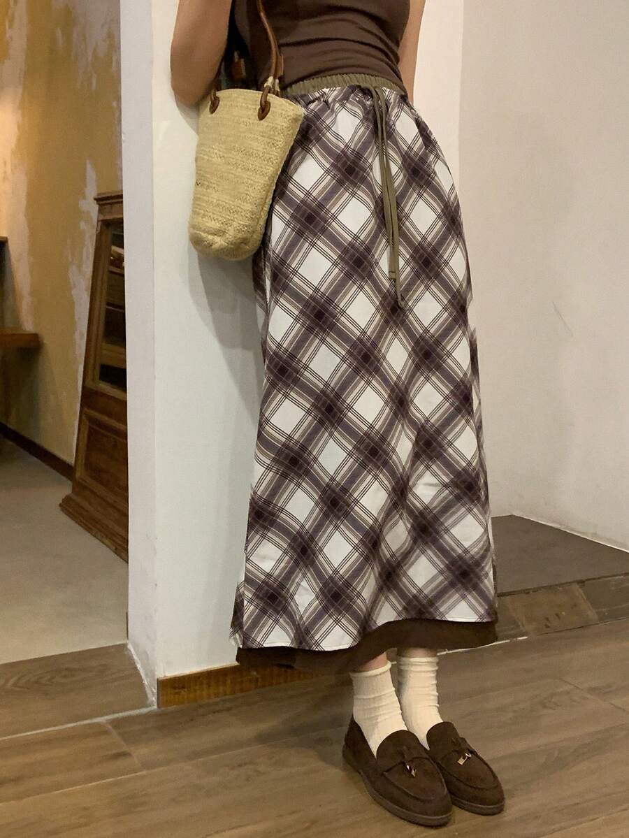 DAZY Women's Plaid Drawstring Waist Casual Versatile Daily Outing Skirt Fall - Coffee Brown - View 1