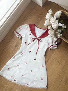 DAZY Women's Petal Sleeve Bow Decor Cherry Print Short Dress Sundress Summer Vacation - White - View 5