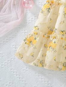 Elladie kids 2025新款春夏女童玫瑰印花無袖花卉泡泡洋裝，仙女風優雅後拉鍊日常通勤百搭甜美俏皮可愛公主裙 - 黃色 - 查看 7