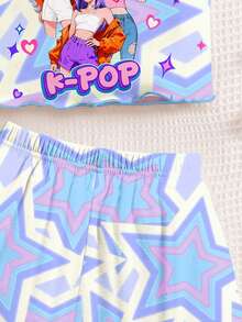 Tween女孩白色粉色星星 K-POP卡通女孩修身背心上衣與短褲居家服套裝，適合夏季日常穿著與度假 - 彩色 - 查看 6