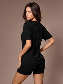 Lazeform Solid Color Brushed Ribbed Loose Crew Neck Short Sleeve Top & Shorts Women Pajama Sets Outfit - Black - View 2
