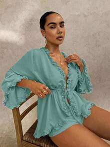 Glamine Women's Ruffle Cinched Waist Loose Top - Green - View 5